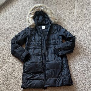 Gap Black Puffer Maternity Jacket with Faux Fur Hood